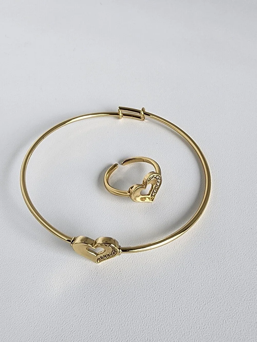 Gold Plated Heart Bangle & Adjustable Ring Set CZ Love Jewelry Girls